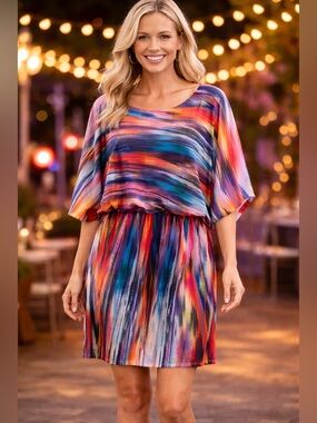 Robbie Bee Multicolor Brushstroke Shift Dress in Pink, Blue and Orange